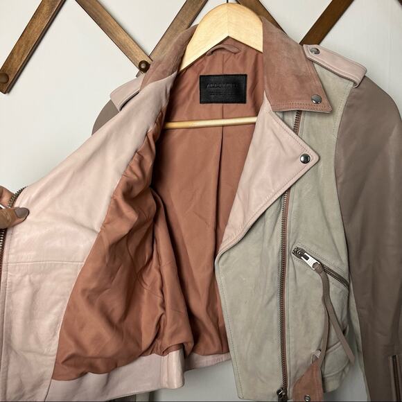 Allsaints Balfern Goat Mix Leather Pink and Tan Cropped Biker Jacket Size 0 - Picture 7 of 8